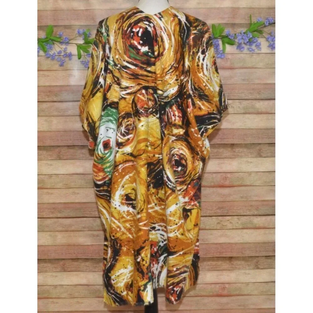 Womens Yellow Boho Floral Open Front Caftan Poncho Cardigan One Size Art to Wear